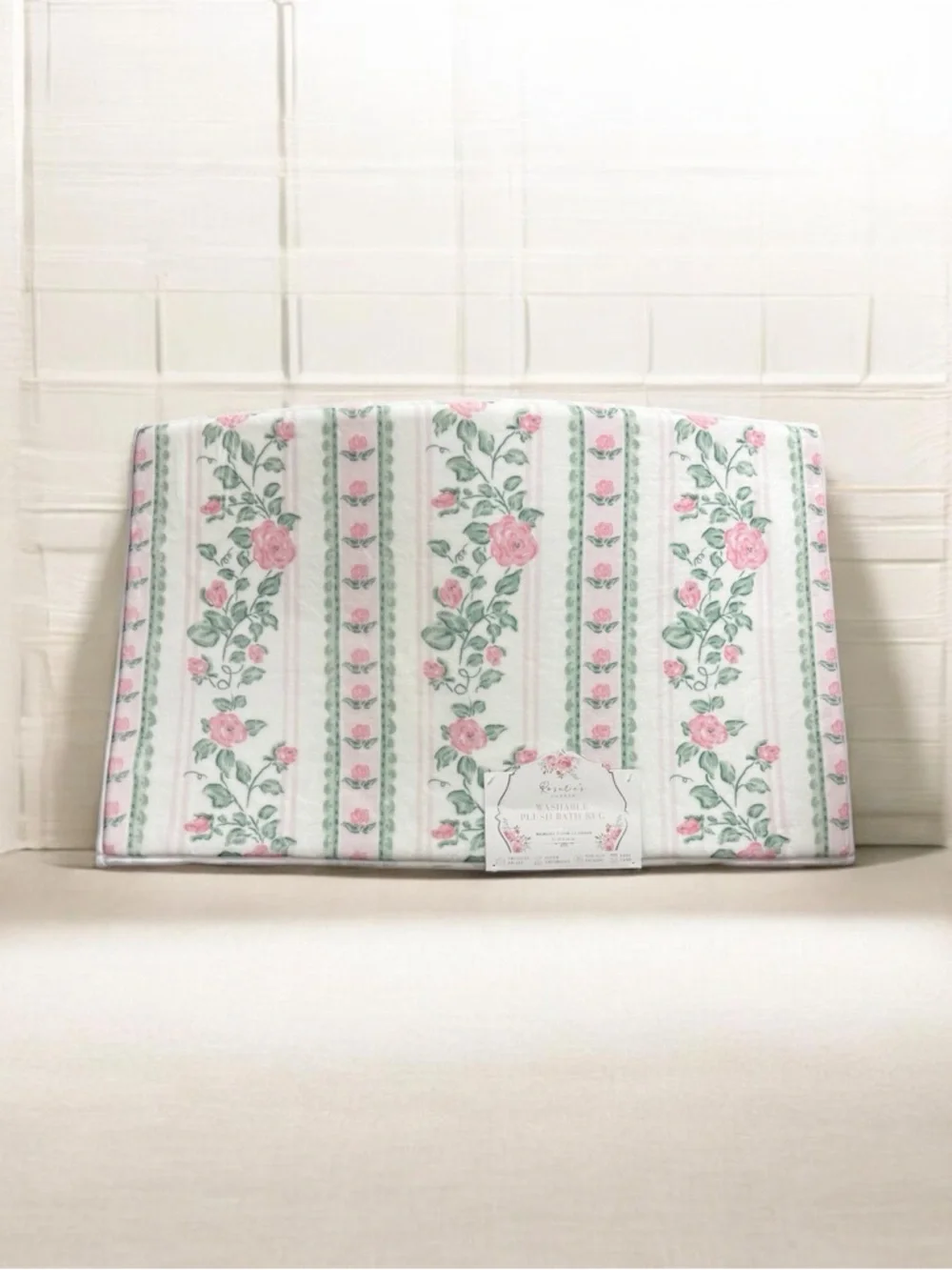 Feminine Floral Stripe Quilted PLUSH Bath Rug - Pink and Green